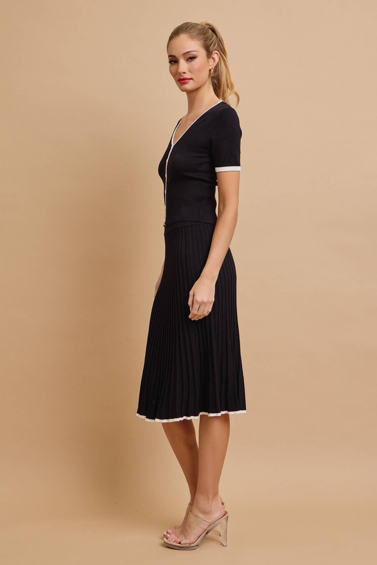 2A. Evadne Short Sleeve Top With Flare Skirt Set