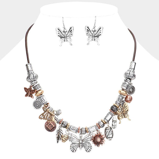 Metal Leaf Butterfly Leaf Sunflower Pendant Cluster Necklace: Three Tone