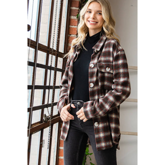 VJ71471 - Classic Plaid Shirts Jacket: Brown Combo / L