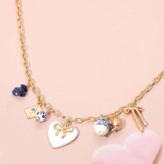 Bow Heart Tea Party Charm Station Necklace