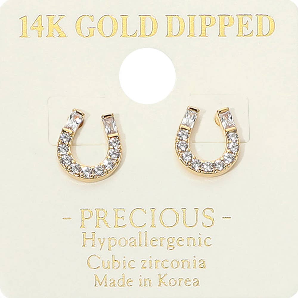 14K Gold Dipped Hypoallergenic CZ Stone Paved Horseshoe Stud Earrings
