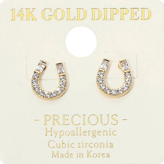 14K Gold Dipped Hypoallergenic CZ Stone Paved Horseshoe Stud Earrings