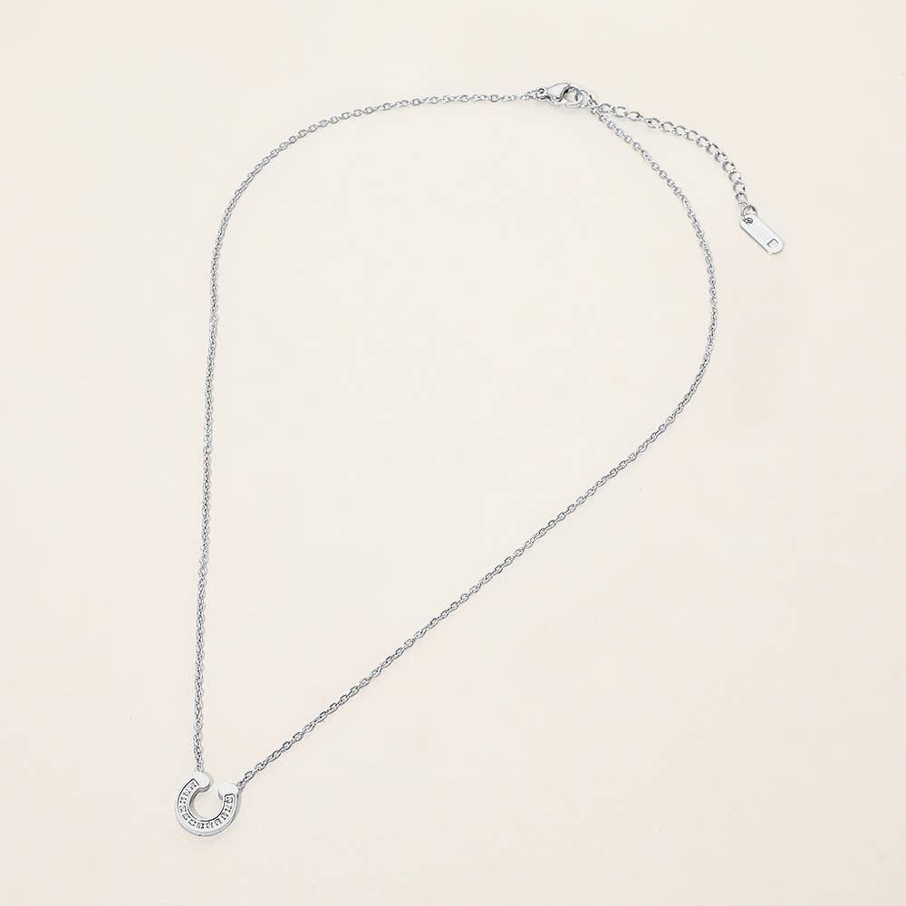 J9. SECRET BOX Stainless Steel Stone Pave Dainty Horseshoe Pendant Necklace