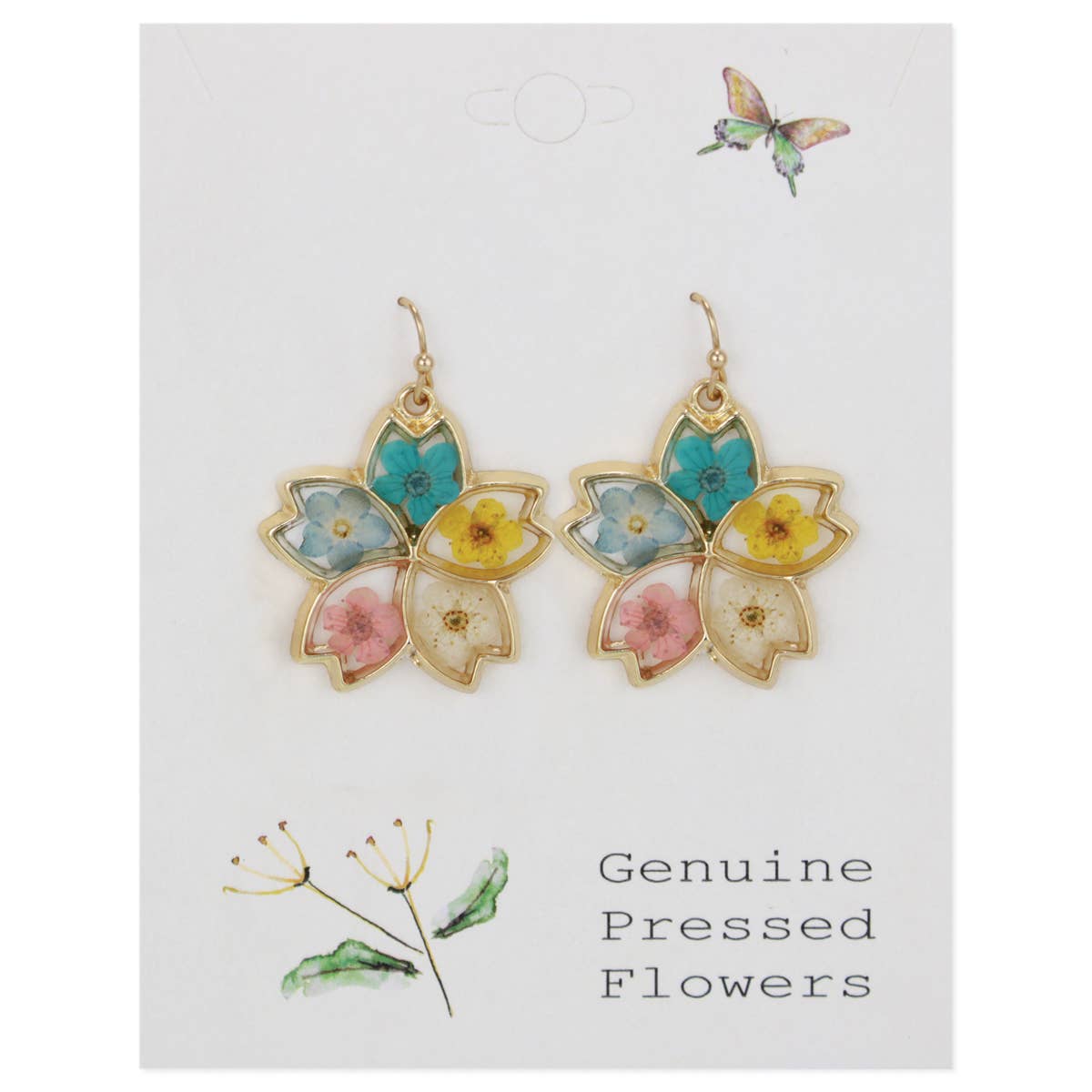 Multi Dried Flower Petals Gold Earrings
