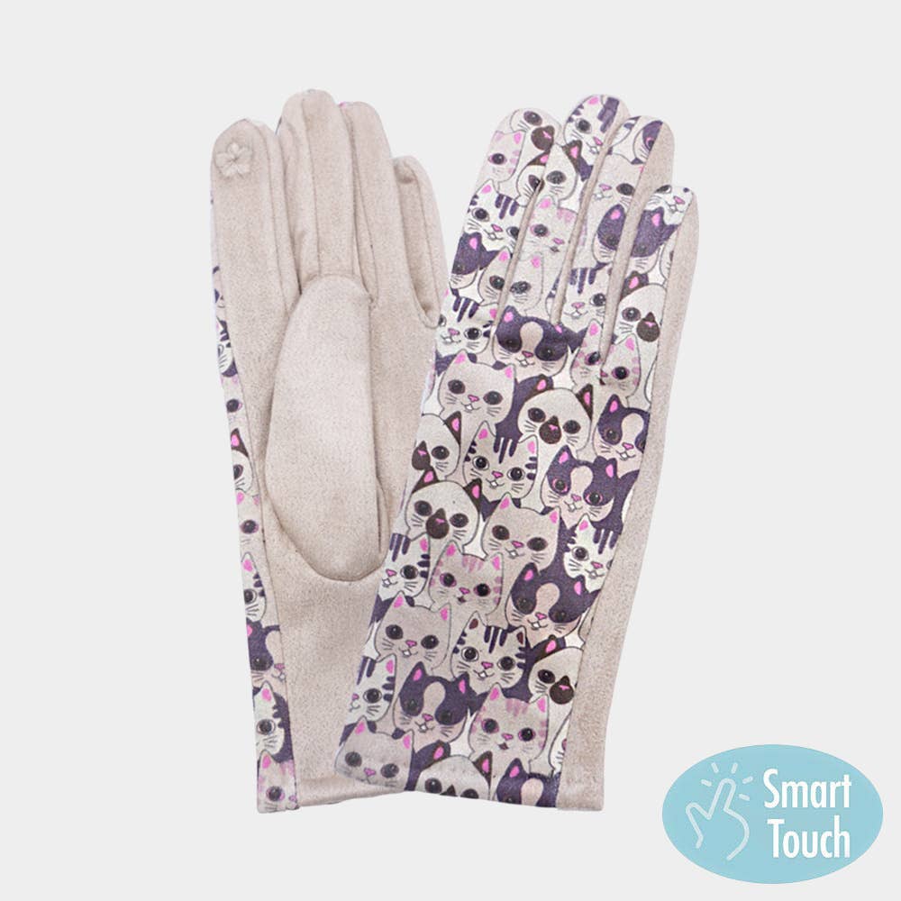 Cute Cat Face Printed Smart Touch Gloves: Black