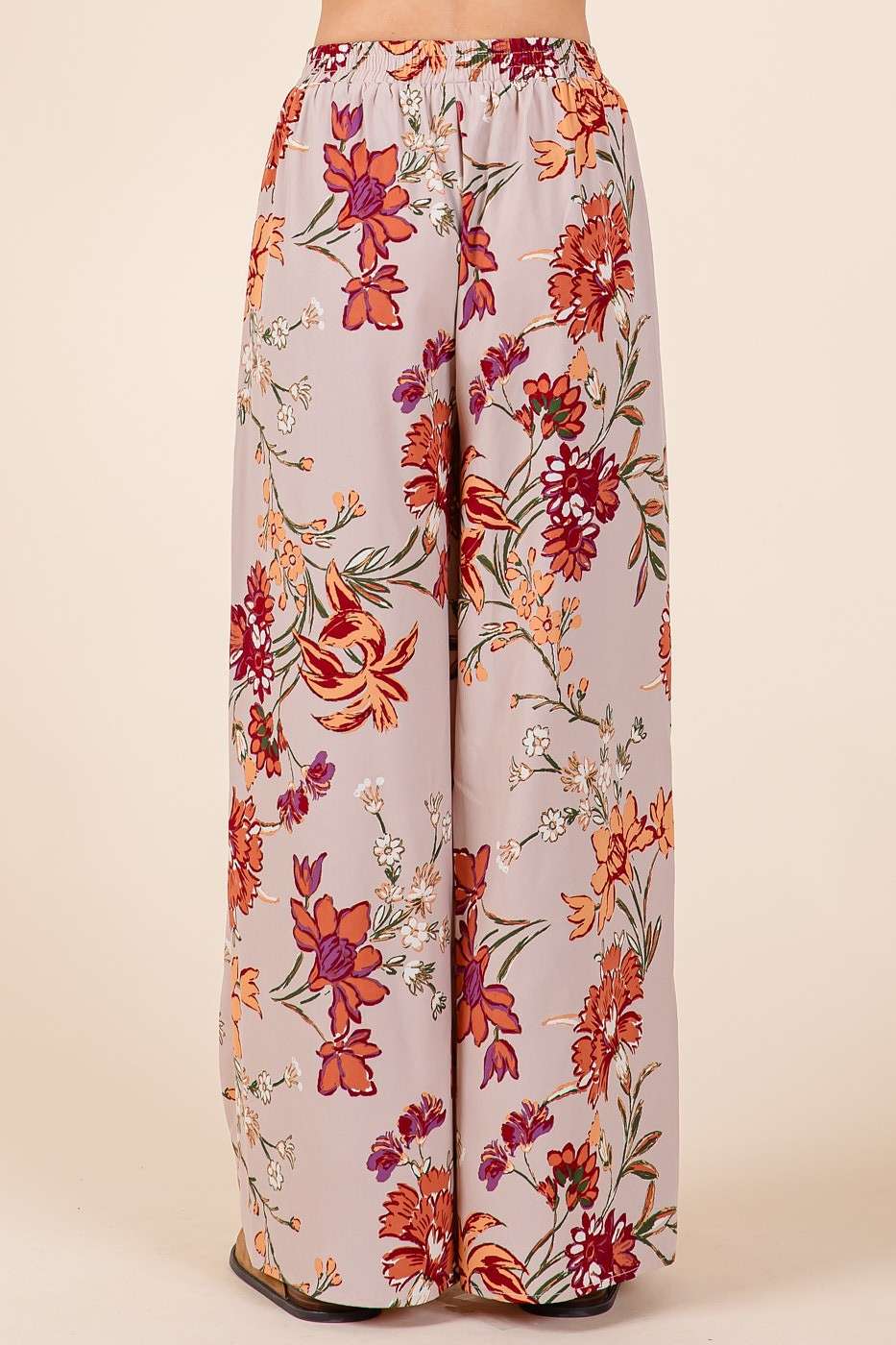 FLOWER PRINT ELASTIC WAIST MID RISE WIDE LEG PANTS