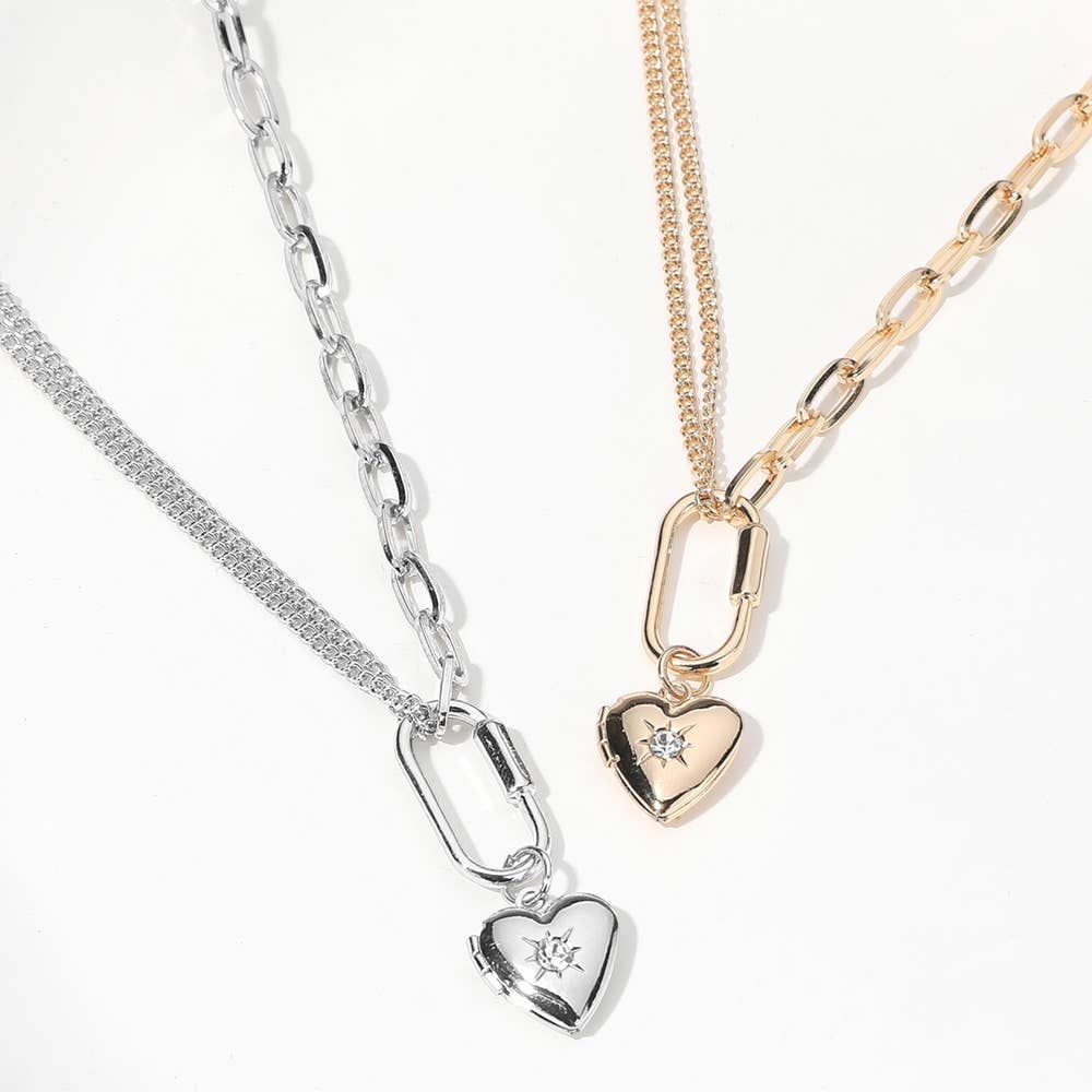 SECRET BOX_Stone Paved Heart Locket Carabiner Necklace