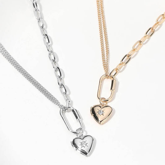SECRET BOX_Stone Paved Heart Locket Carabiner Necklace