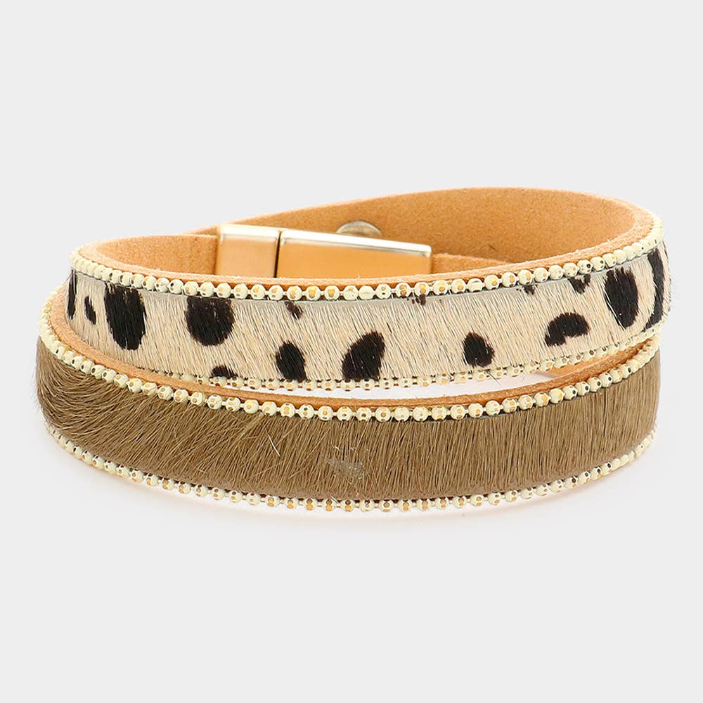 Animal Patterned Calf Magnetic Wrap Bracelet: Gray