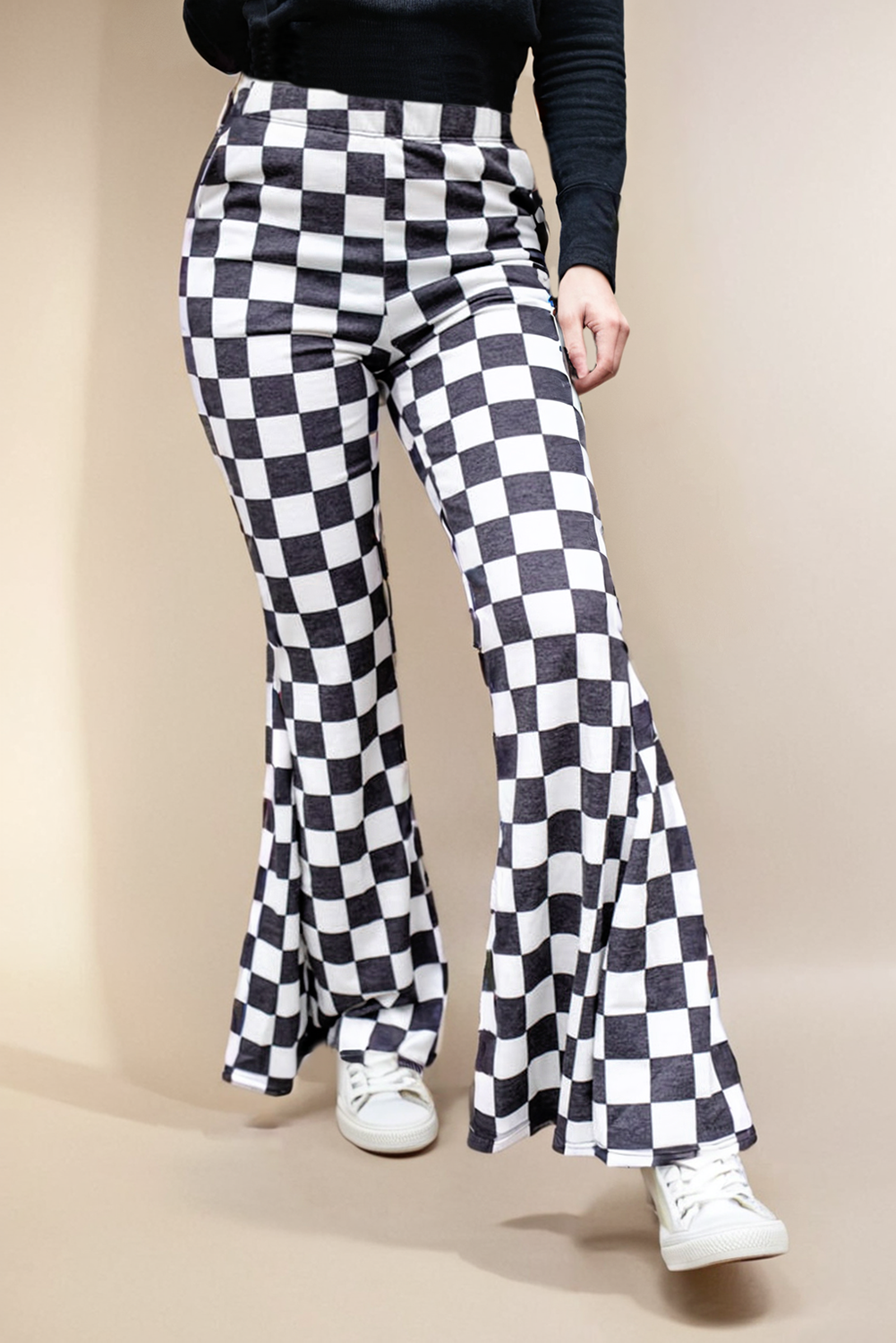 Checkered Pattern High Waist Casual Flared Pants