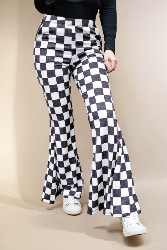 Checkered Pattern High Waist Casual Flared Pants