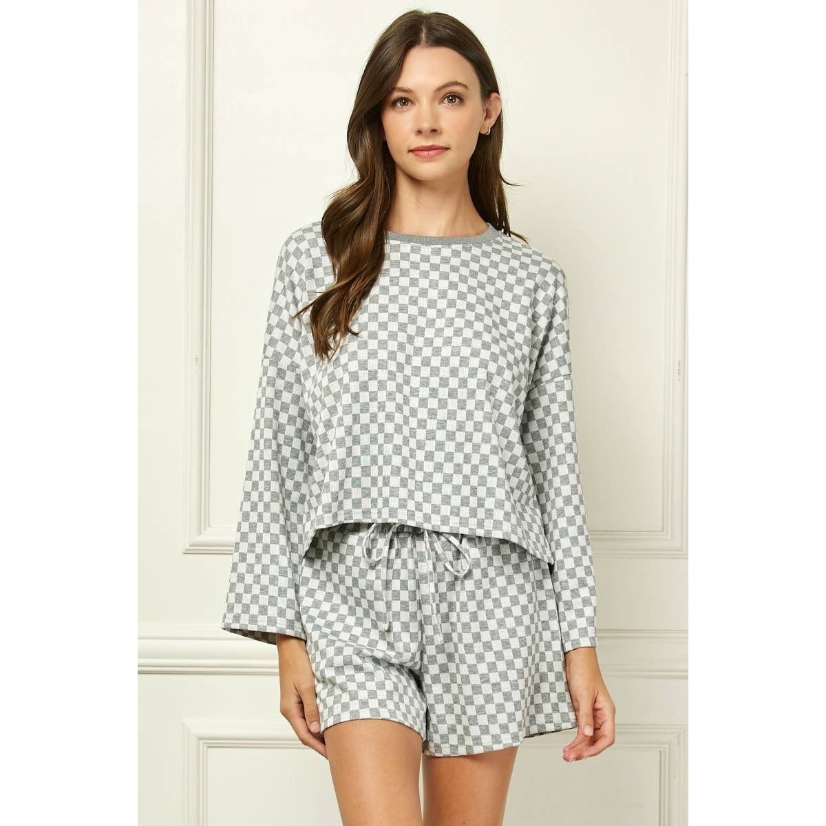 Checker Jersey Long Sleeve Top : Brown / M