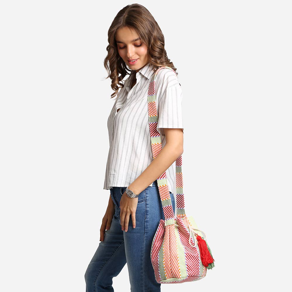 Boho Tassel Bucket Shoulder Bag / Crossbody Bag: Black