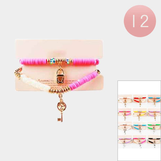 SET OF 2 Lock Key Pendant Heishi Beaded Stretch Bracelets
