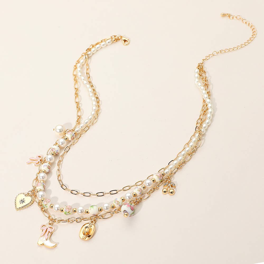 Western Cowboy Boot Hat Bow Cherry Heart Charm Station Pearl Floral Ceramic Ball Beaded Layered Necklace: Gold Green