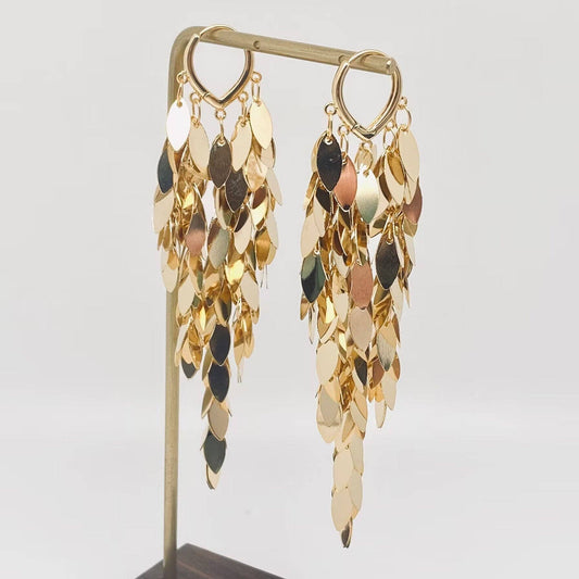 18K Gold Plated Wheat Ear Sequin Tassel Huggie Earrings