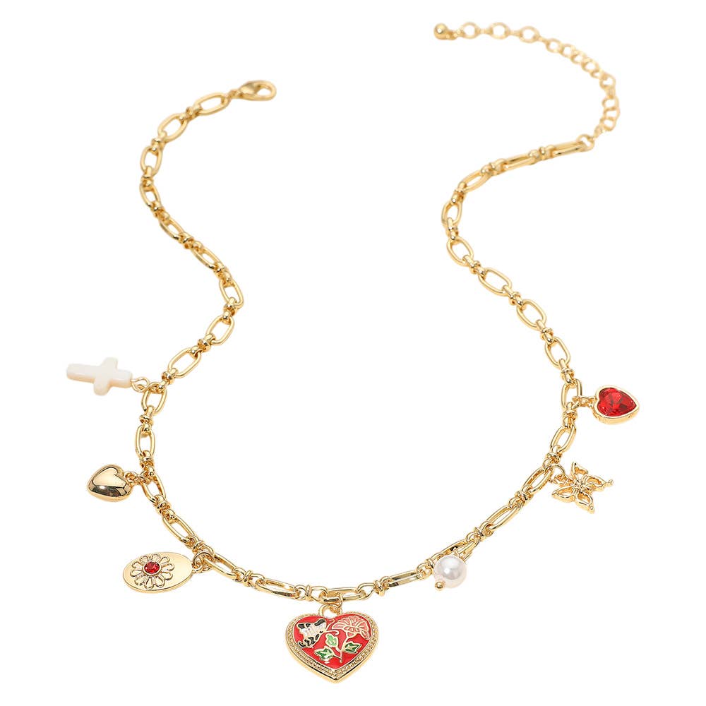 Butterfly Flower Enamel Detailed Heart Pendant Charm Station Necklace: Black,Gold