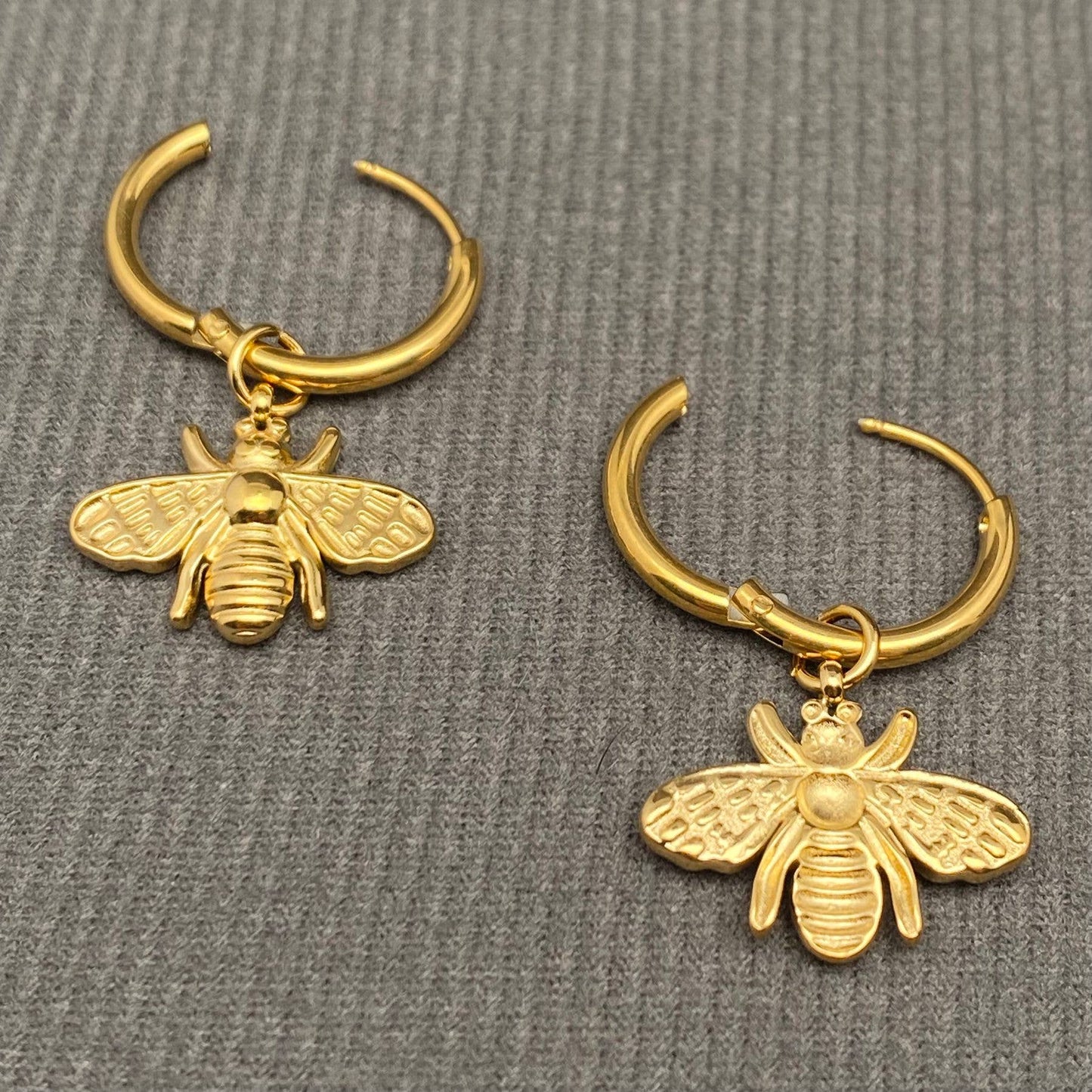 M18. 18K Gold Plated Bee Charm Huggie Earrings
