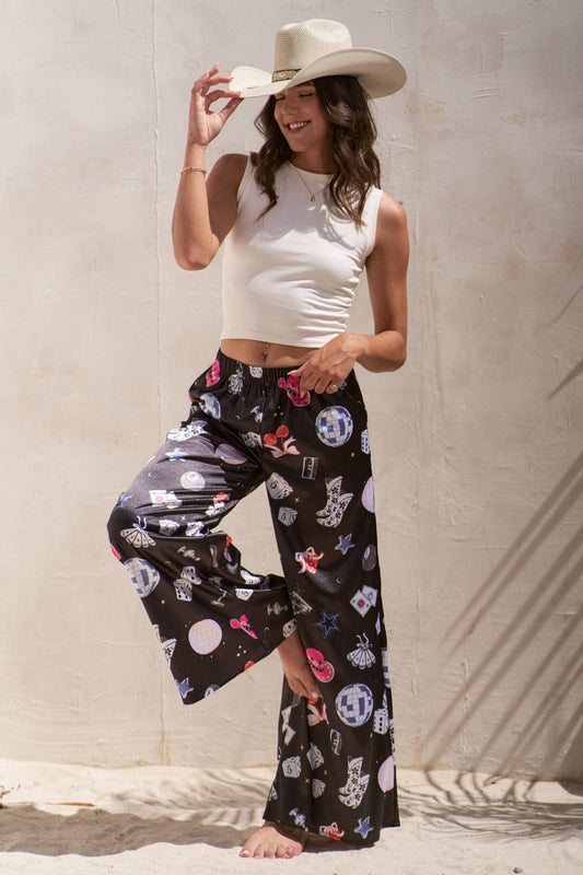 PARTY COLLAGE SATIN PANTS: Black / S