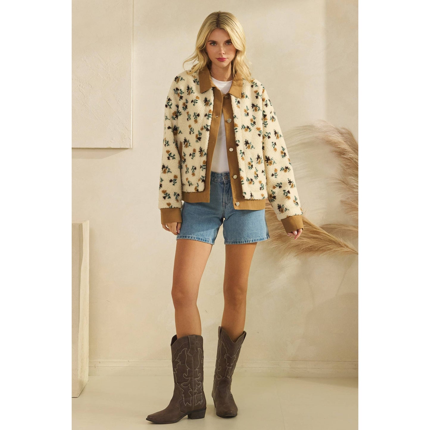 Printed Contrast Button Down Sweater: Brown / S