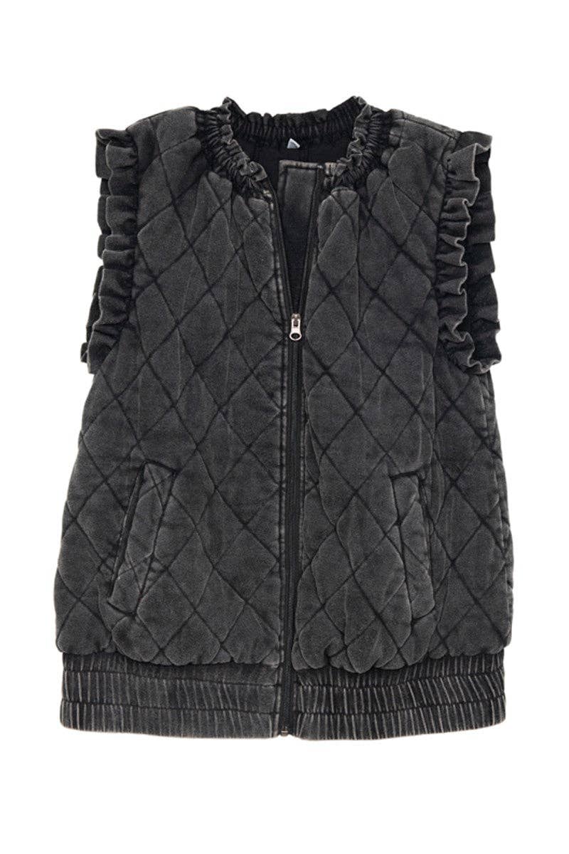 Garment Washed Quilted Ruffle Sleeve Vests
