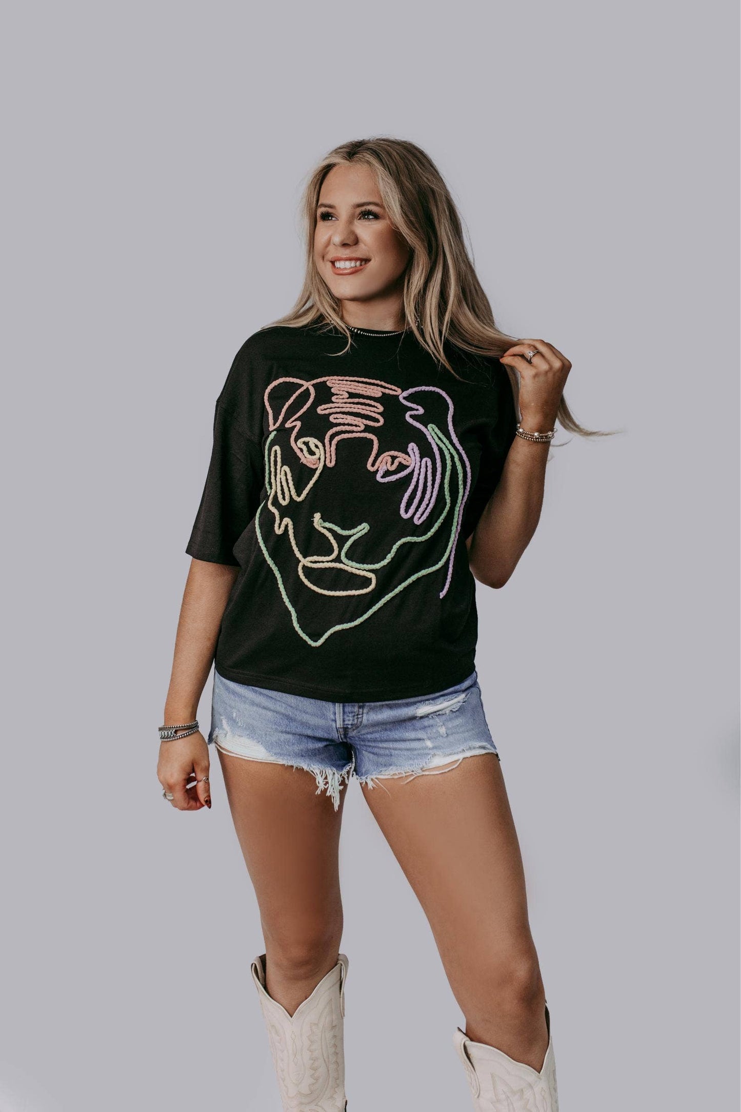 MK487 Tiger Oversize Rope Embroidery Tee