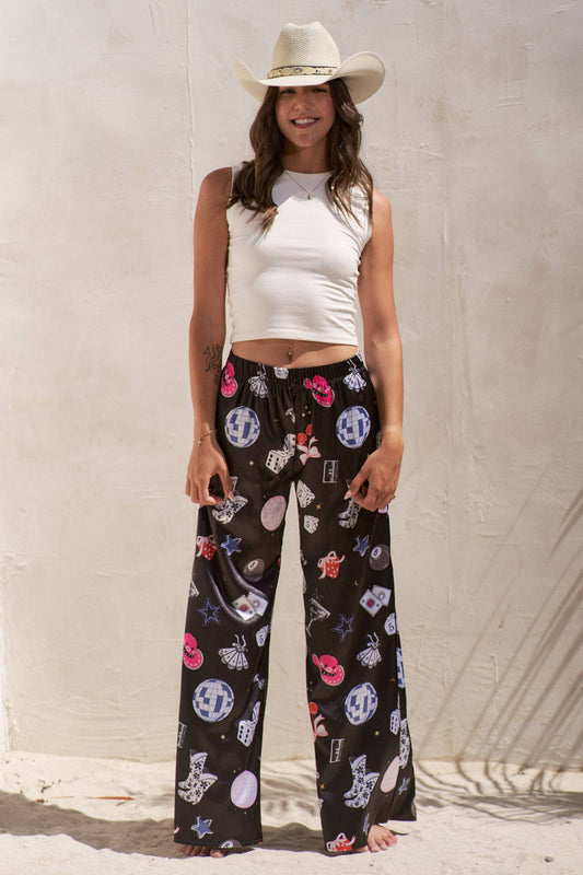 PARTY COLLAGE SATIN PANTS: Black / M