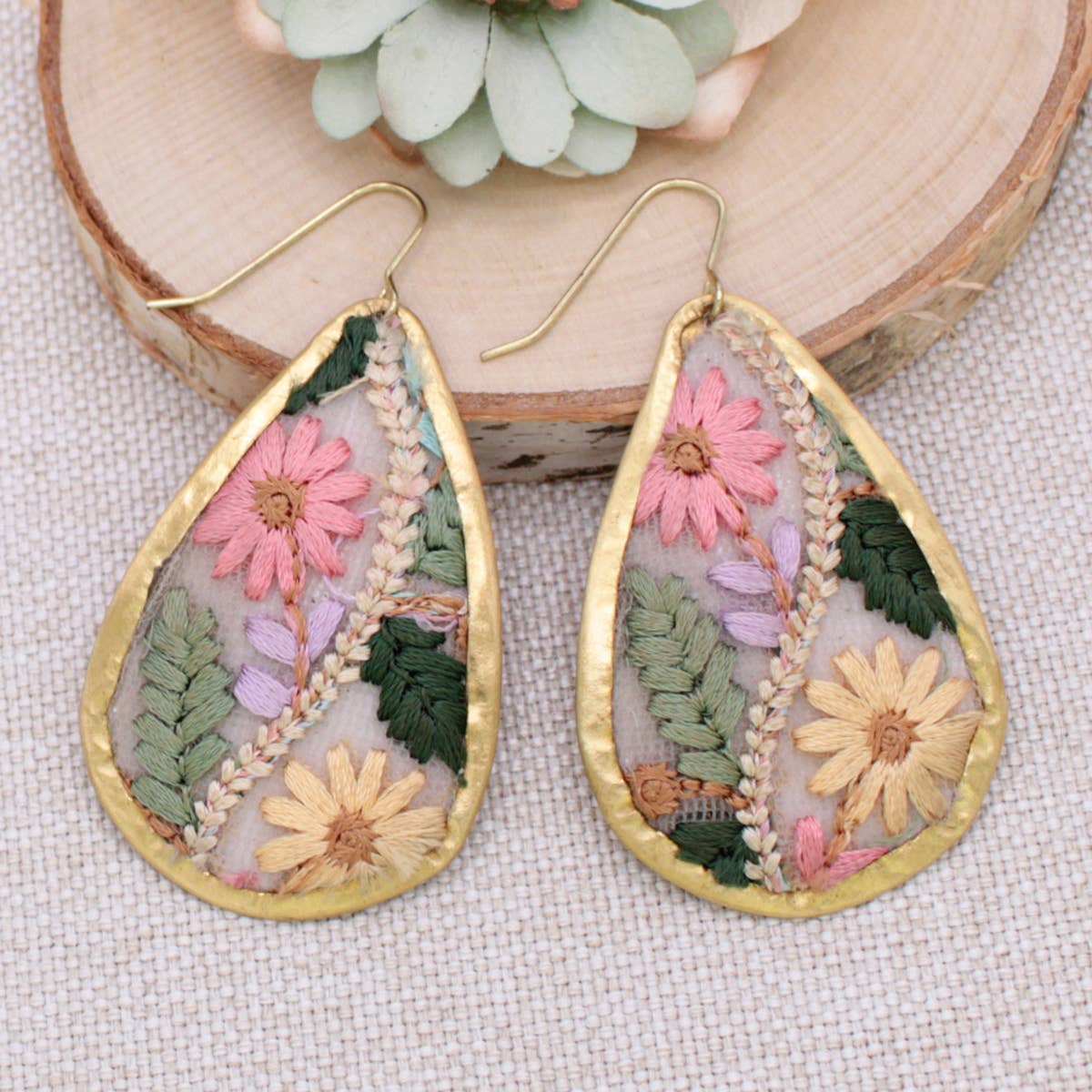 Floral Vines Embroidered Gold Teardrop Earrings