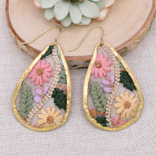 Floral Vines Embroidered Gold Teardrop Earrings