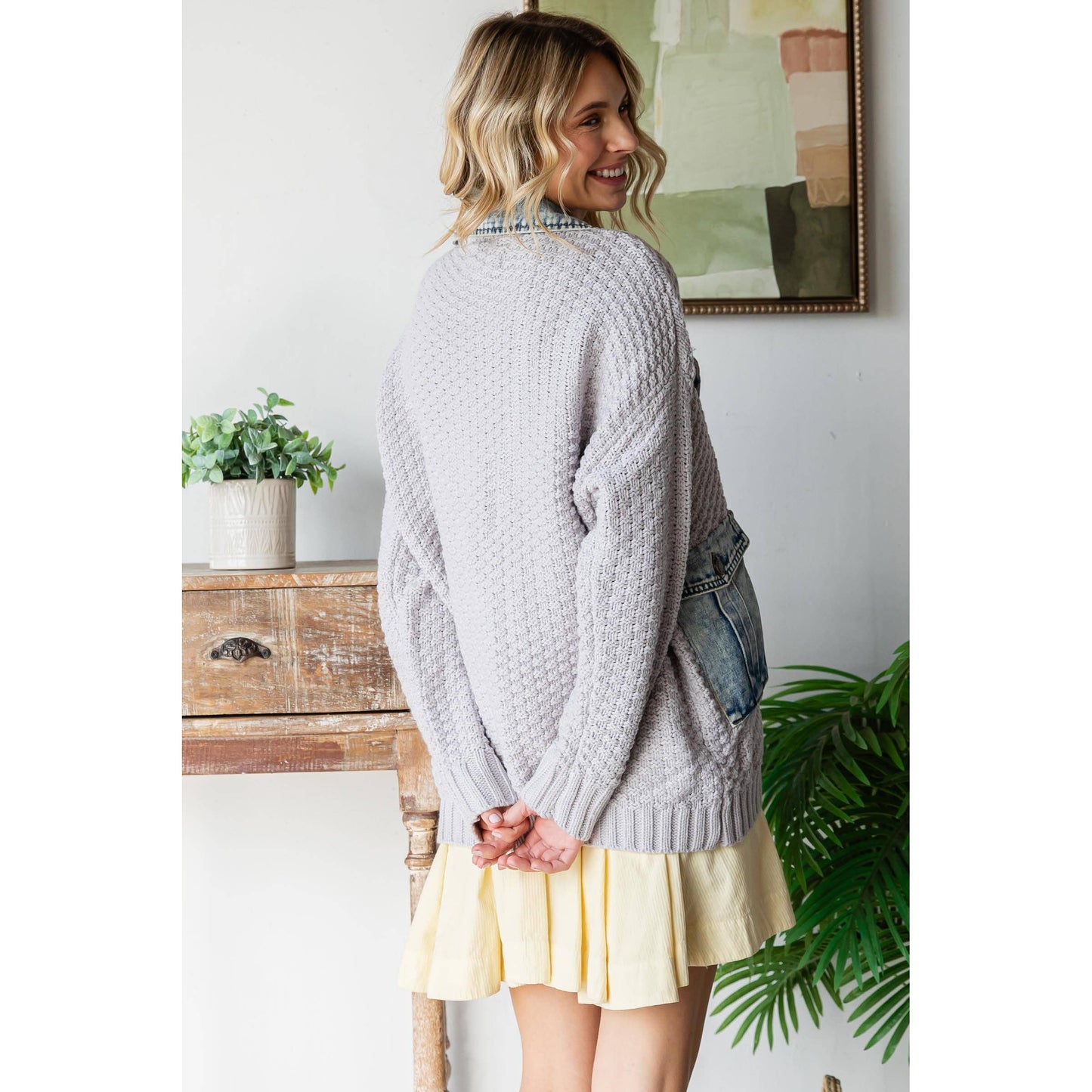 Knit Body Denim Layerd Jacket: Grey / Denim / M