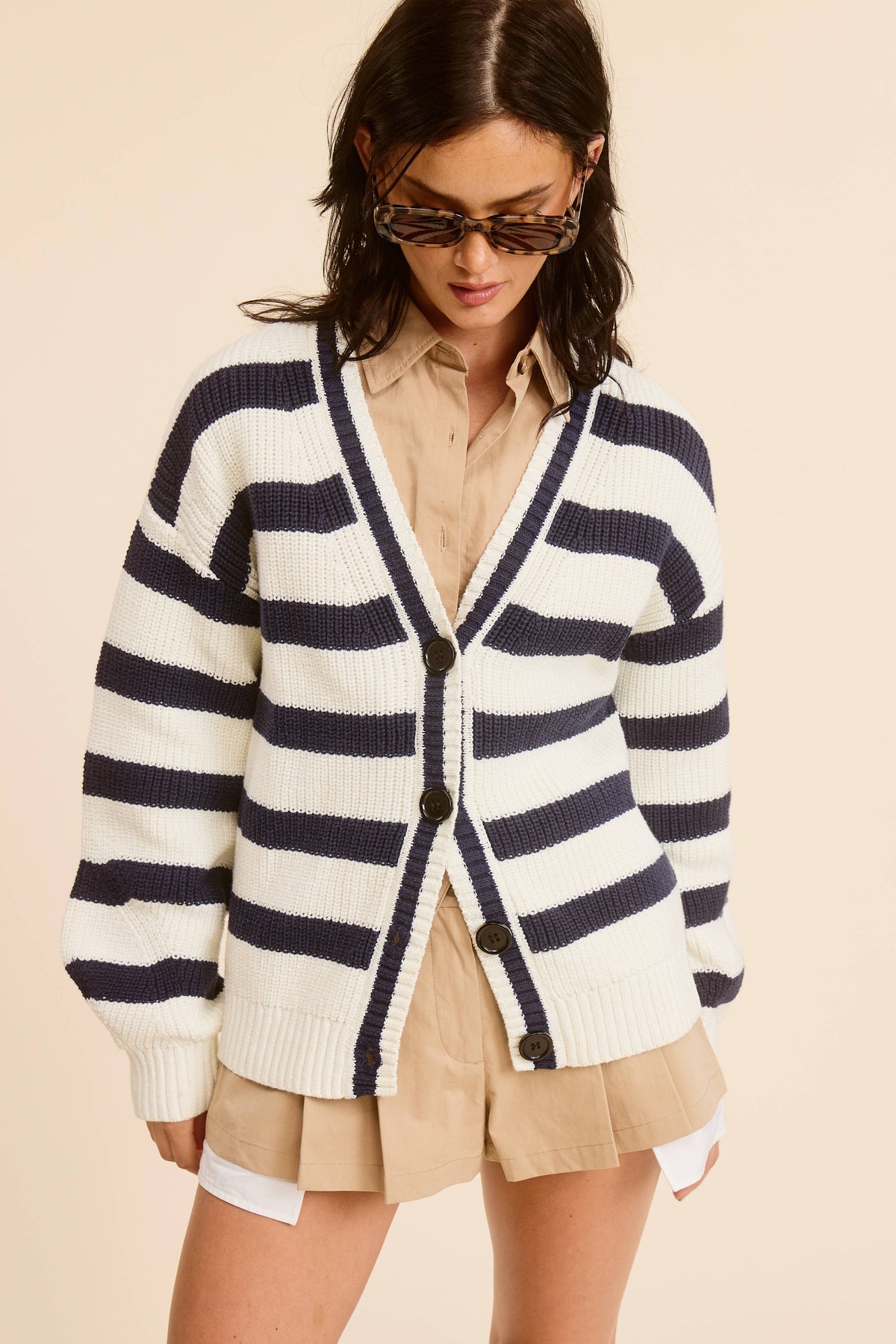 Navy Baggy Fit Stripe Knit Cardigan