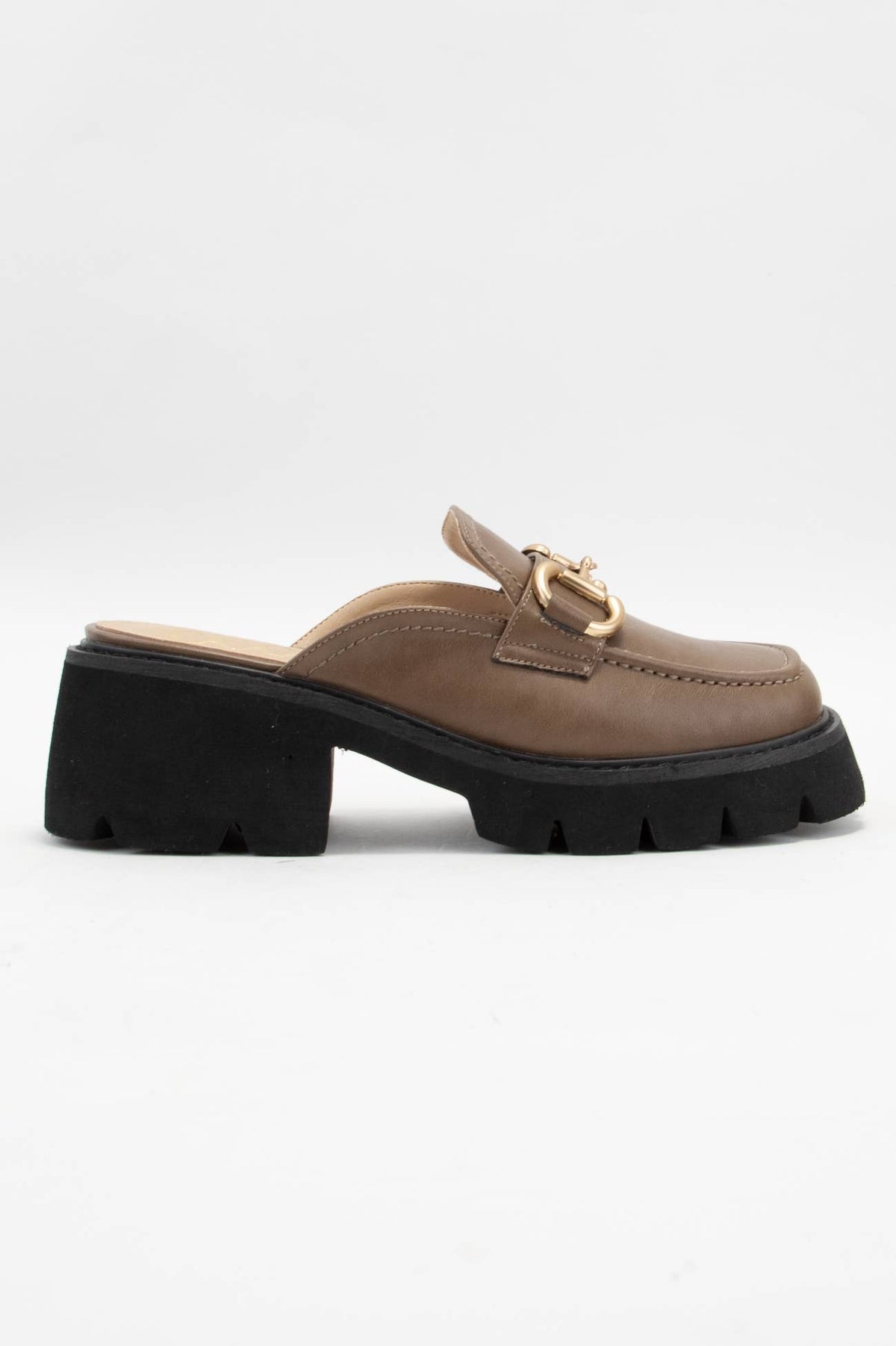 Mocha Chunky Lug Sole Loafer Mules with Horsebit Chain Detail