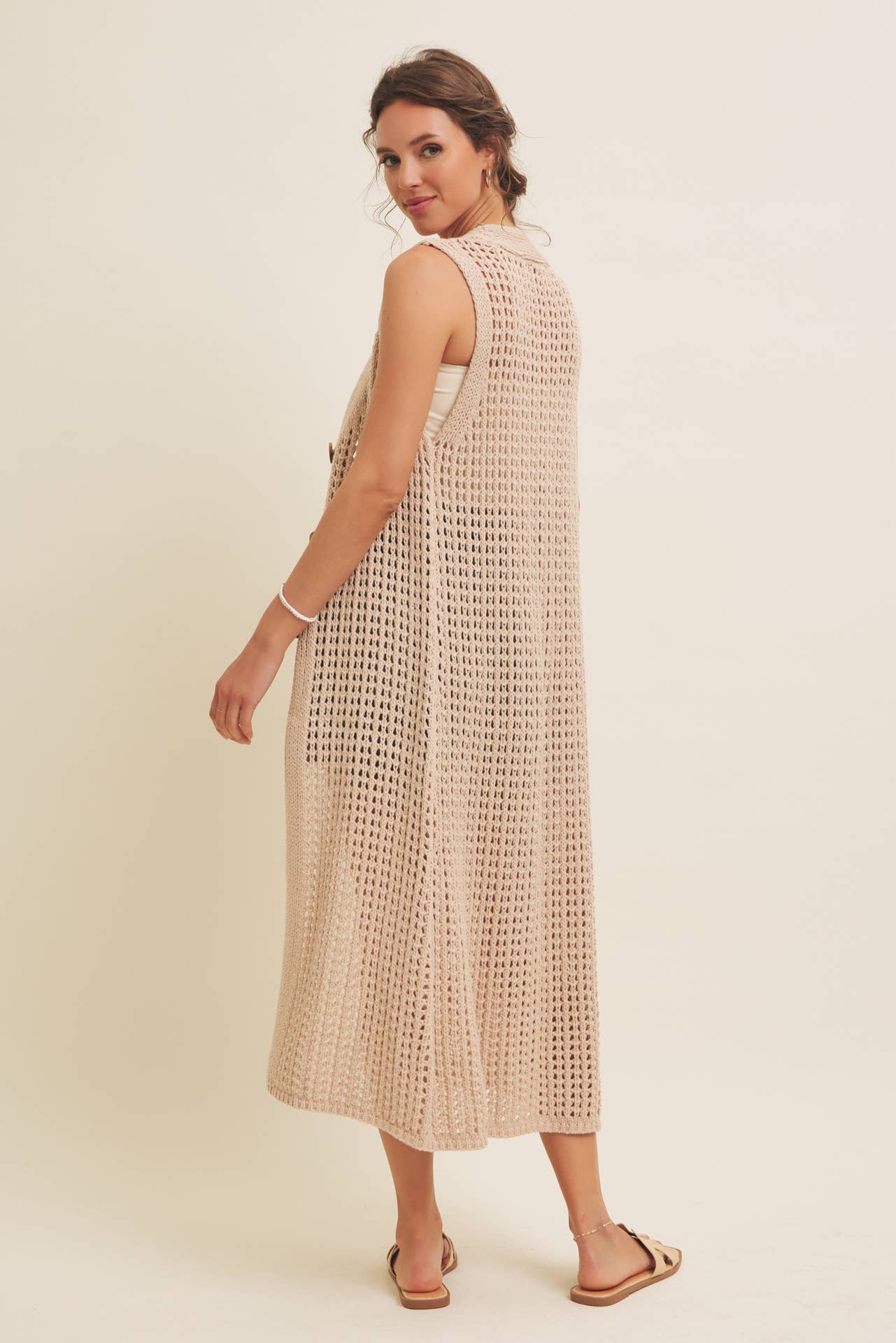 BUTTON-DOWN OPEN KNIT SLEEVELESS MIDI SWEATER CARDIGAN