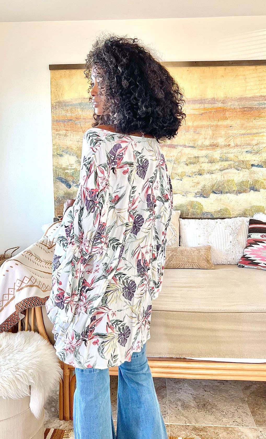 Tropical Leaves Draped Sleeve Kimono 🏝