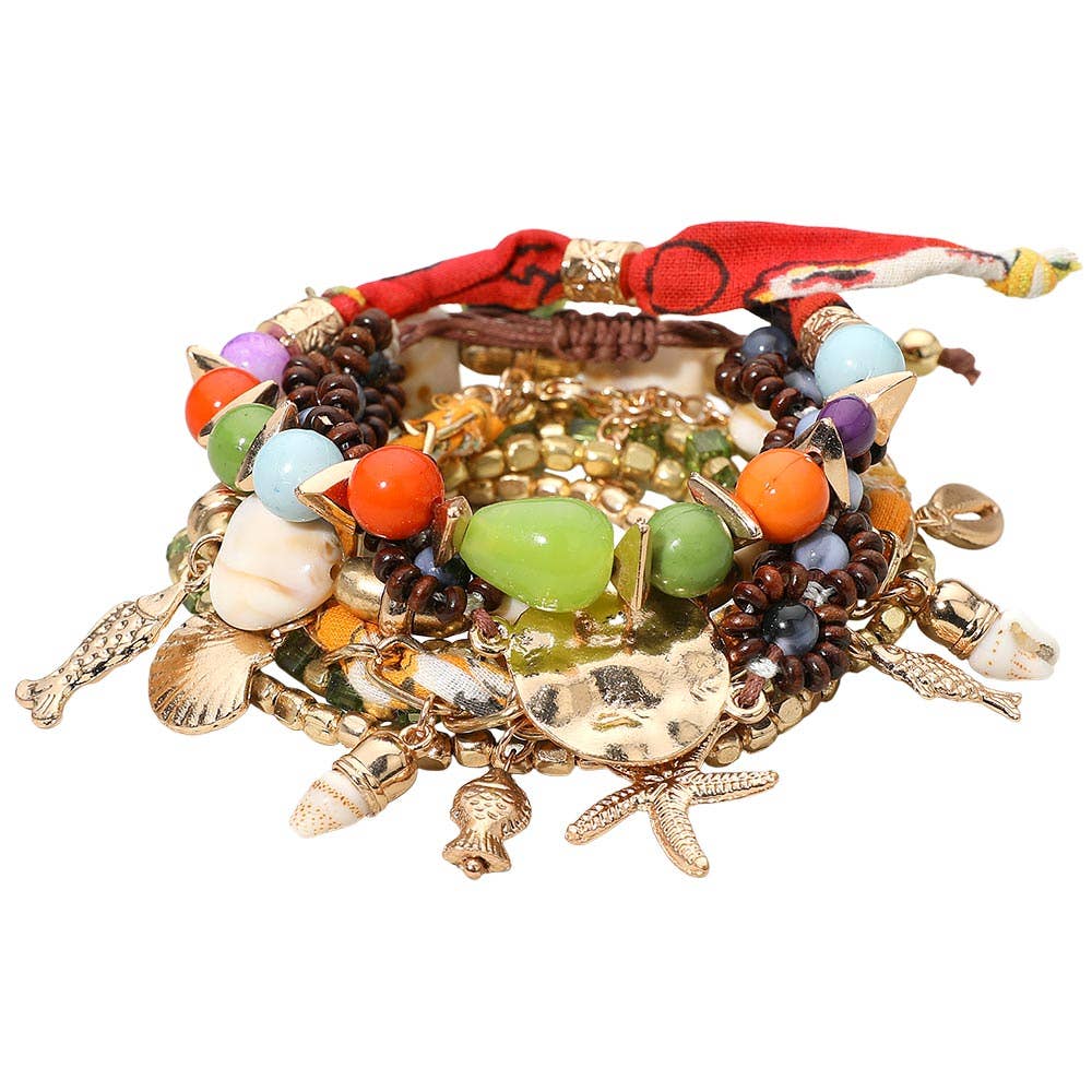 8PCS - Boho Starfish Fish Shell Charm Beaded Stretch Adjustable Multi Layered Bracelets