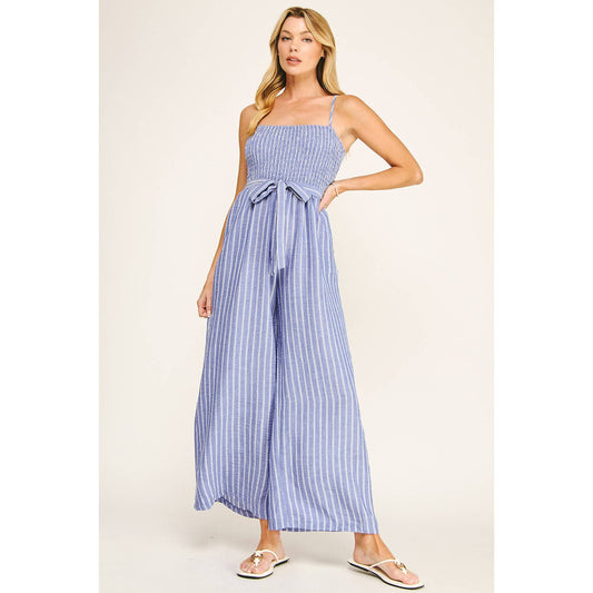 Blue Queen of the Coast Smocked Jumpsuit