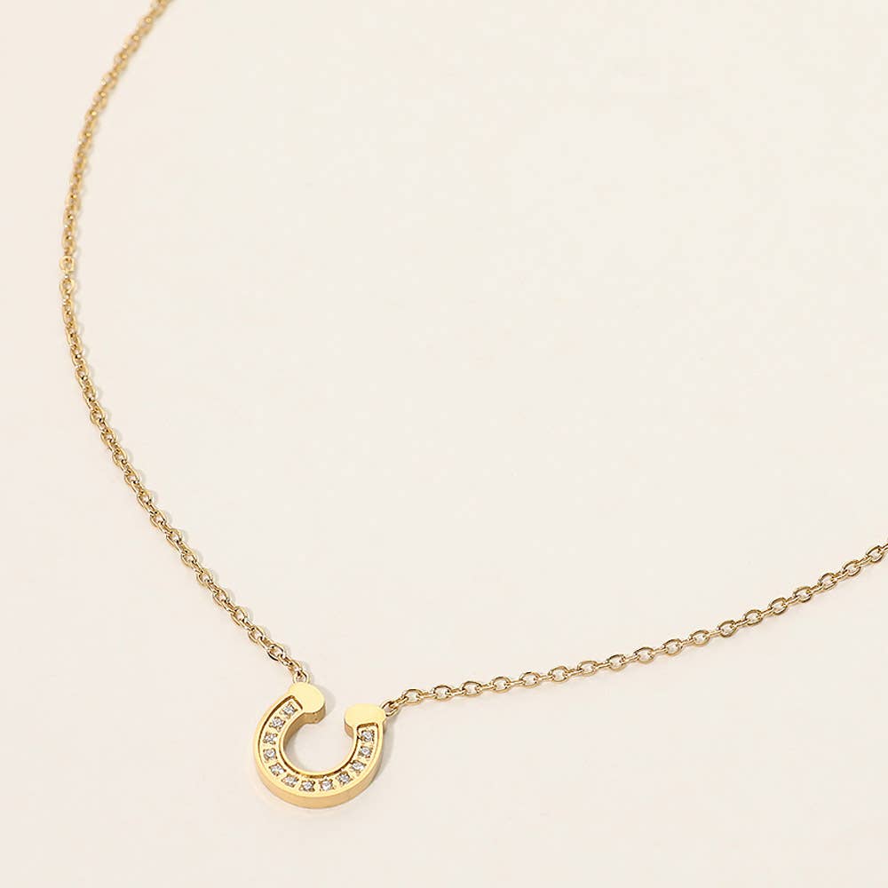 J9. SECRET BOX Stainless Steel Stone Pave Dainty Horseshoe Pendant Necklace