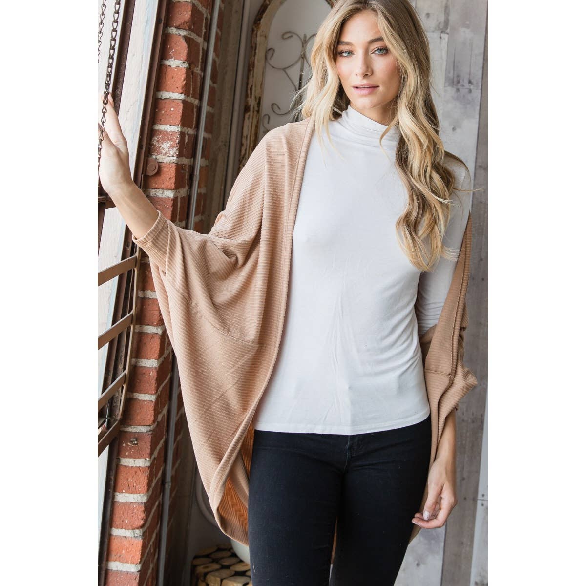 J70802 - Urban Knit Shawl Open Front Cardigan: Olive / M