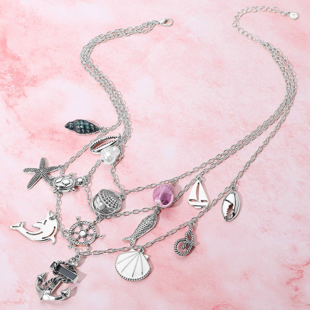 Anchor Sea Shell Pearl Dolphin Fish Rope Sea Turtle Charm Embellished Triple Layered Necklace: Antique Gold,Multi