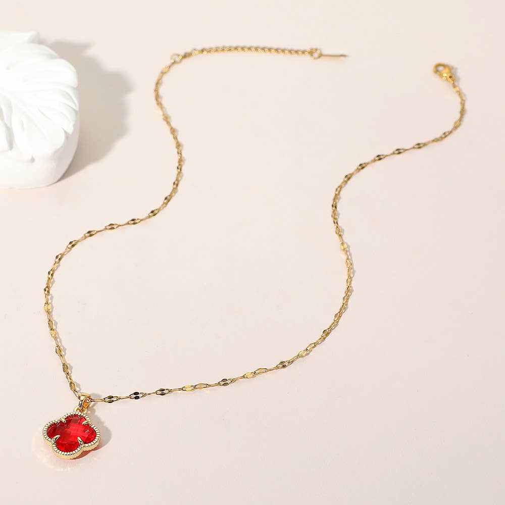 Stainless Steel Quatrefoil Stone Pendant Necklace: Red
