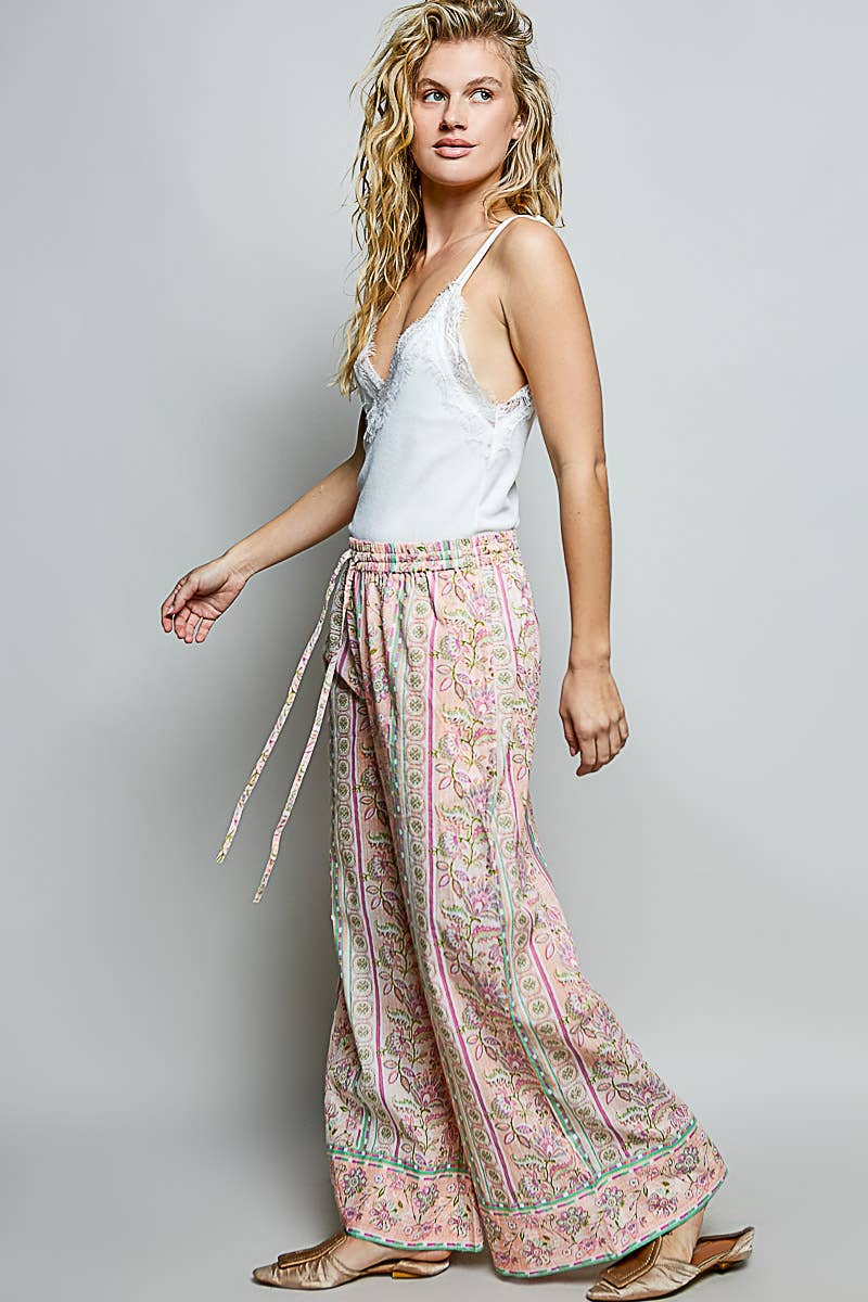 Floral Stripe Block Print Elastic Waist Wide Leg Pants