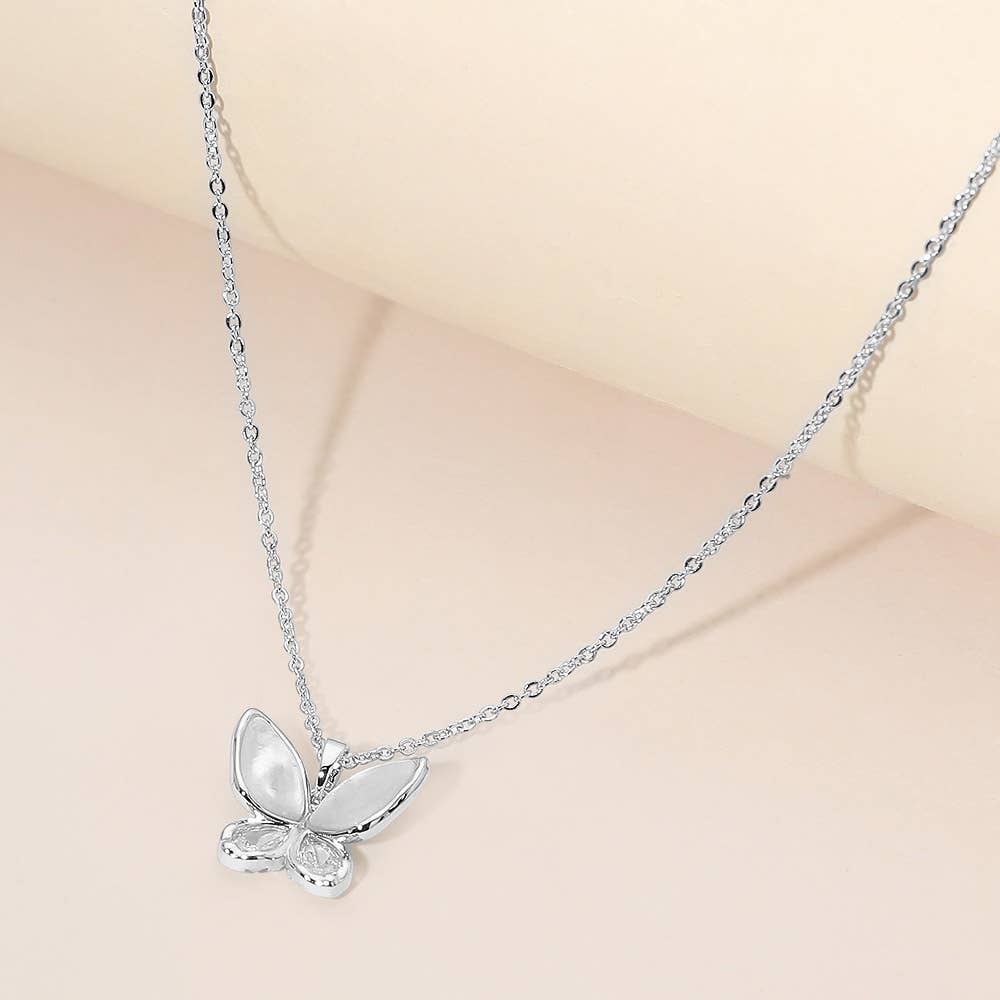 J13. Mother of Pearl CZ Butterfly Pendant Necklace
