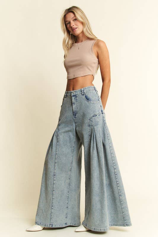 DENIM WIDE LEG FLARED PANTS: DENIM / L