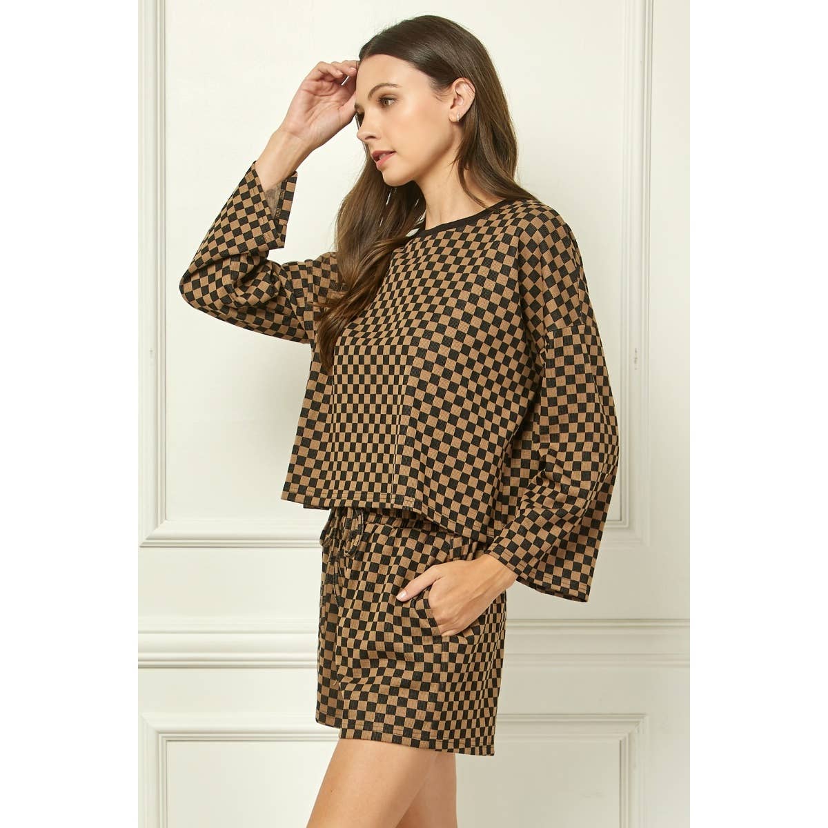 Checker Jersey Long Sleeve Top : Brown / S