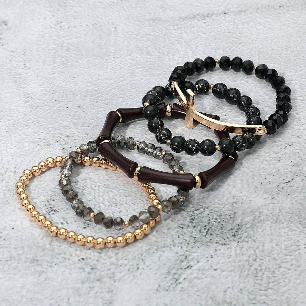 5PCS - Metal Cross Accent Resin Bamboo Bar Faceted Beaded Stretch Multi Layered Bracelets