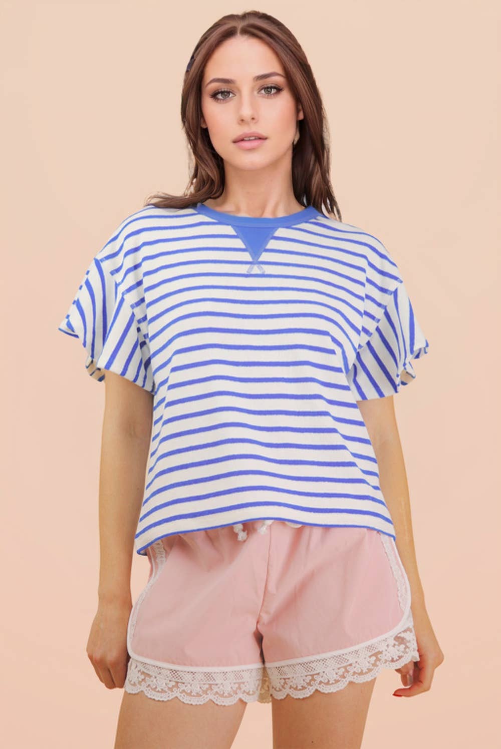Blue Oversized Ruffle Sleeve Casual Stripe Knit Top