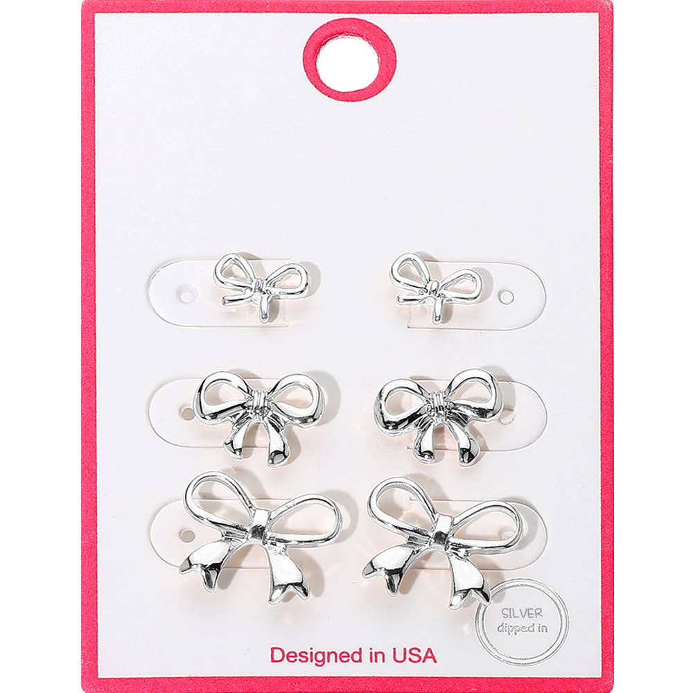 3Pairs - Gold Dipped Graduated Size Metal Bow Stud Earring Set