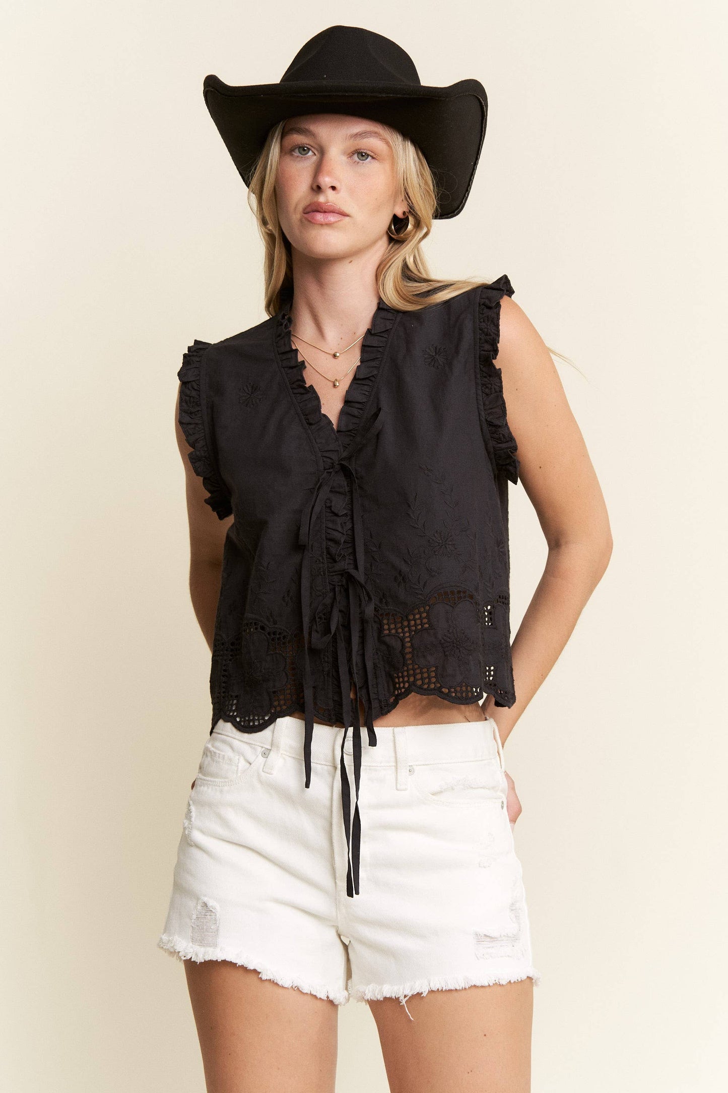 SLEEVELESS RUFFLE FRONT TIE TOP