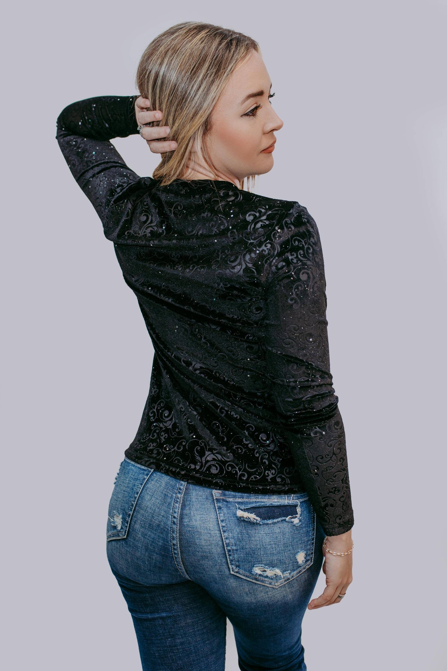 MK414 Tooled leather Velvet Mesh Top