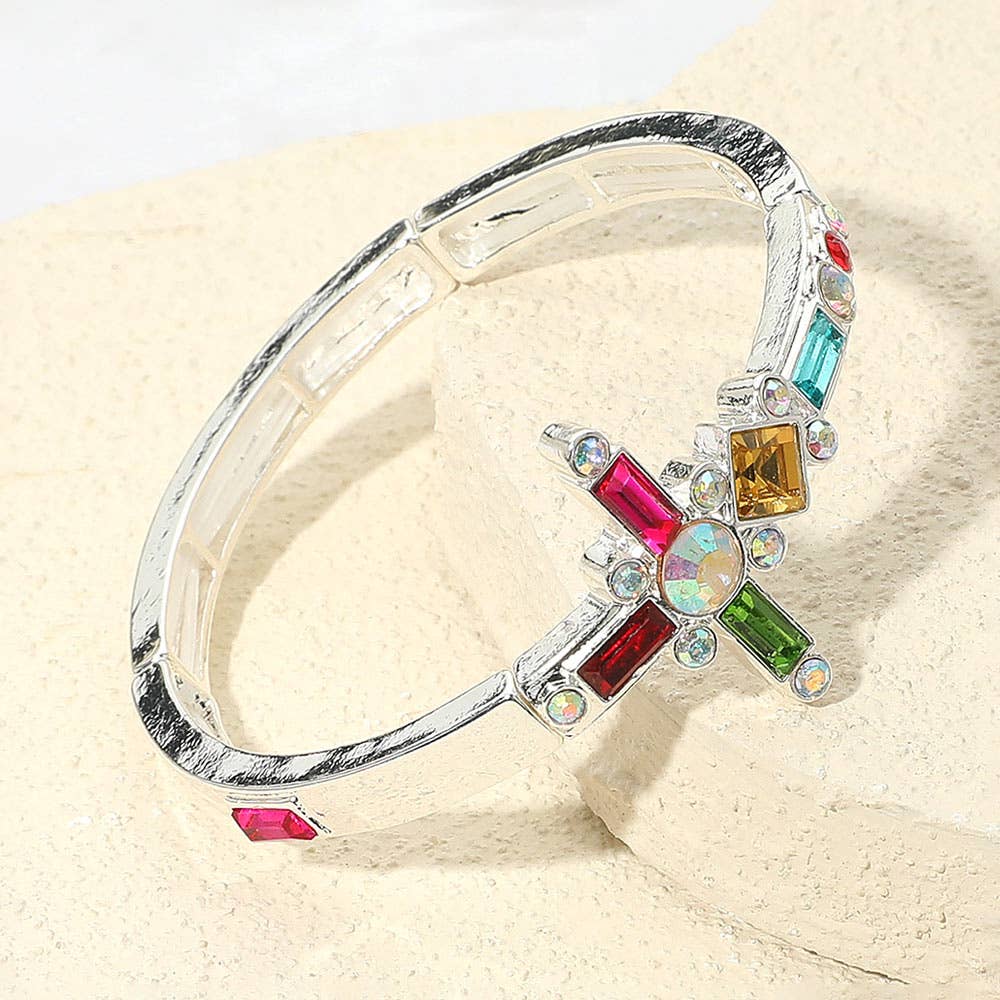 Mixed Stone Cross Accent Stretch Bracelet